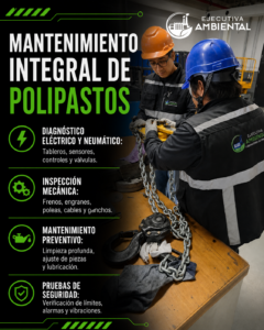 Técnicos realizando el mantenimiento integral de un polipasto